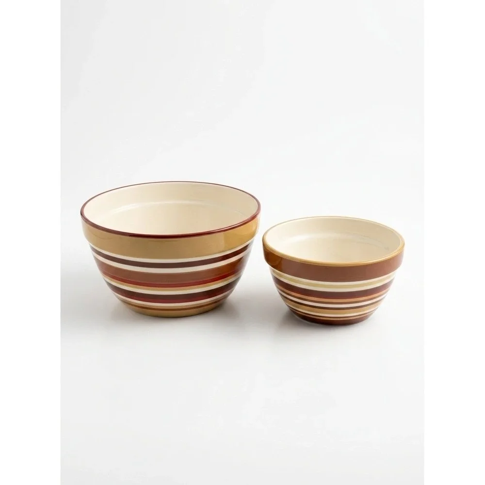 Vintage Earth Tone Striped Ceramic Nesting Mixing Bowls Brown Tan Cream Set of 2
